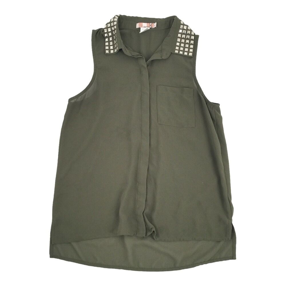 Katie K Studded Collar Buttin Front Sleeveless Chiffon Blouse Small Dark Green S